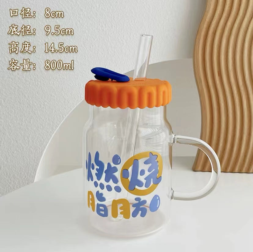 玻璃水杯带盖 高颜值夏季少女心水杯 800ml